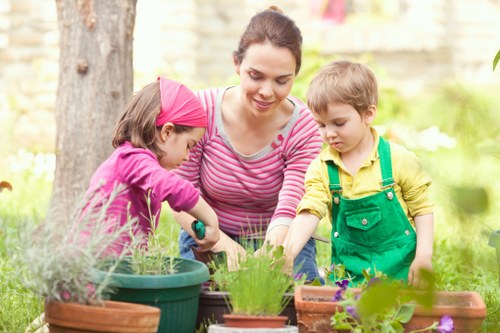 Compost bays and mulched paths in a sustainable gardening area